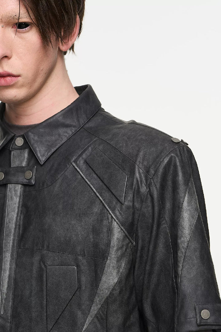 Embossed Patchwork Biker Leather Shirt