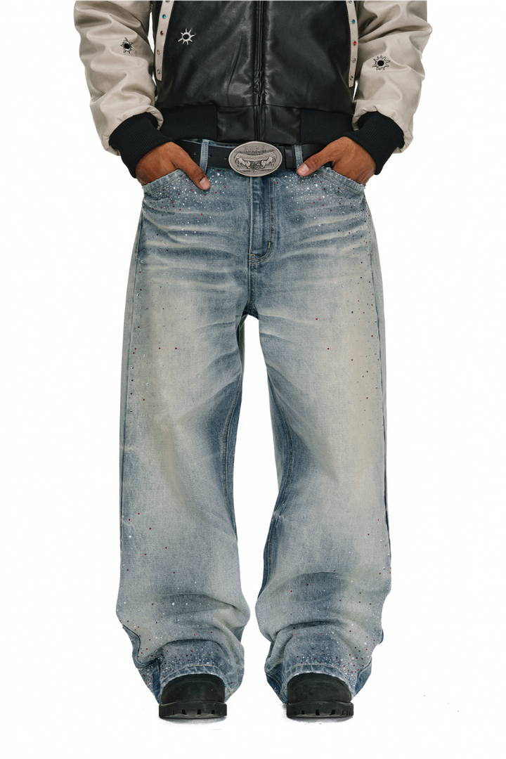 Washed Rhinestone Straight Jeans