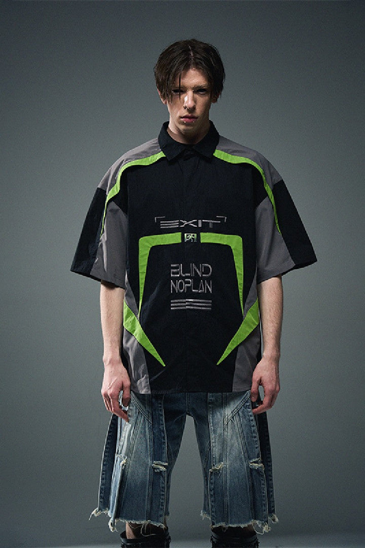 Colorblock Racing Zip Heavy Embroidery Shirt