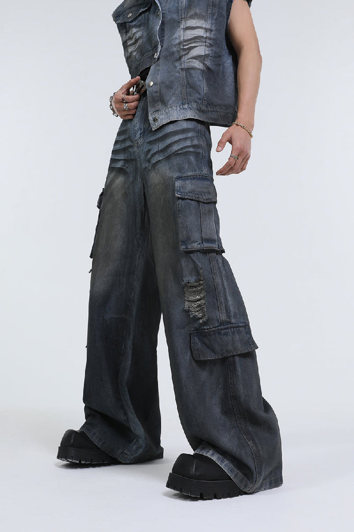 Distressed Multi-Pocket Cargo Jeans