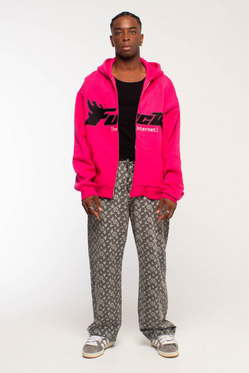 Embroidered Logo Zip-Up Hoodie Pink