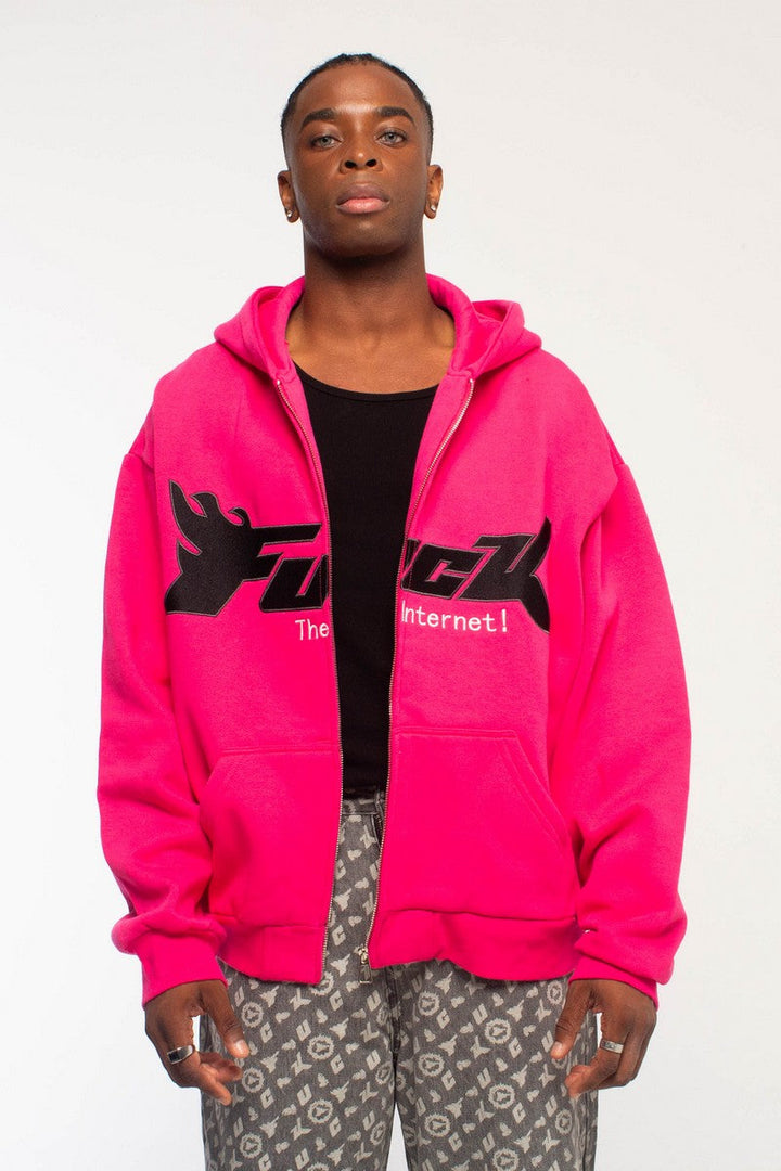 Embroidered Logo Zip-Up Hoodie Pink