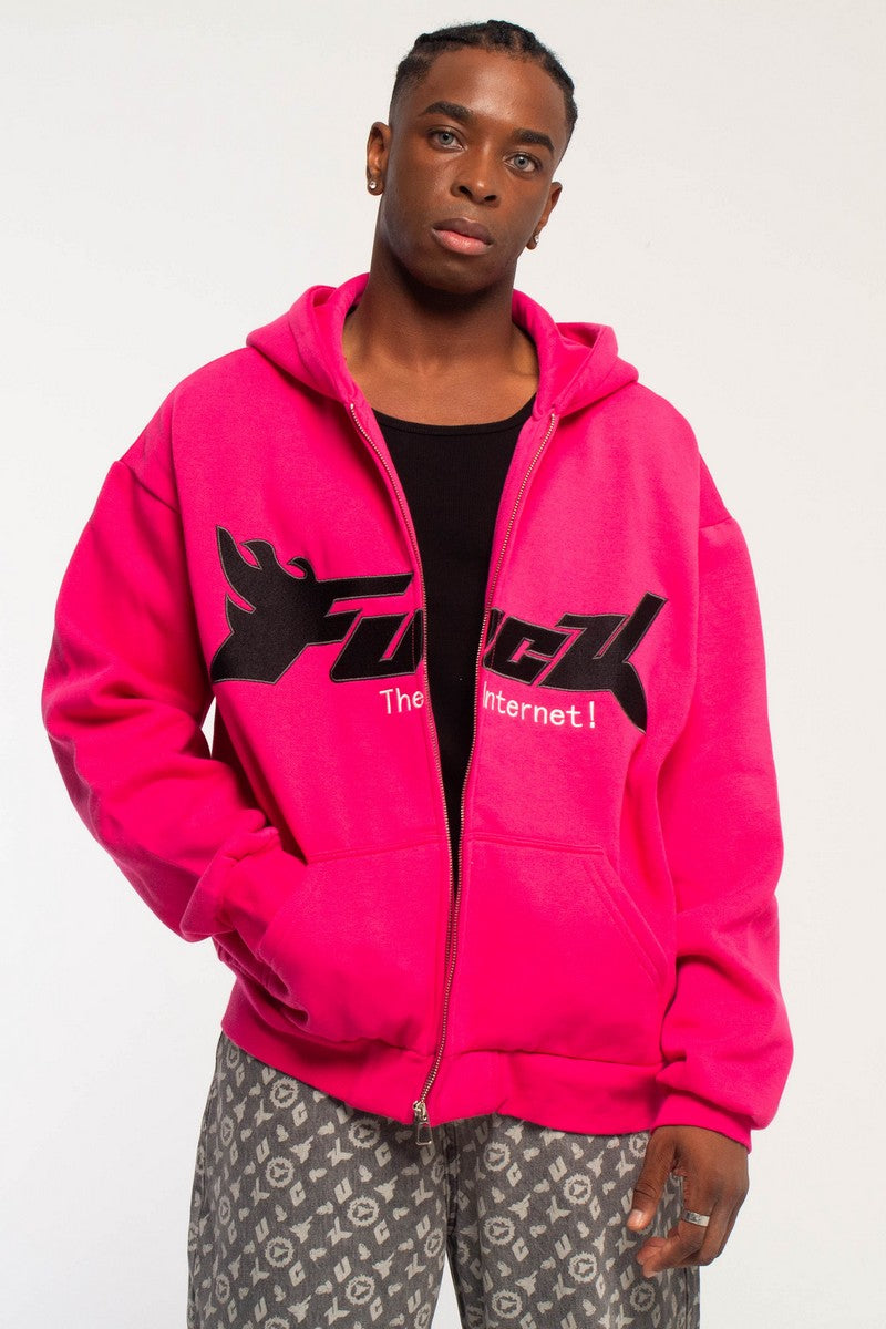 Embroidered Logo Zip-Up Hoodie Pink