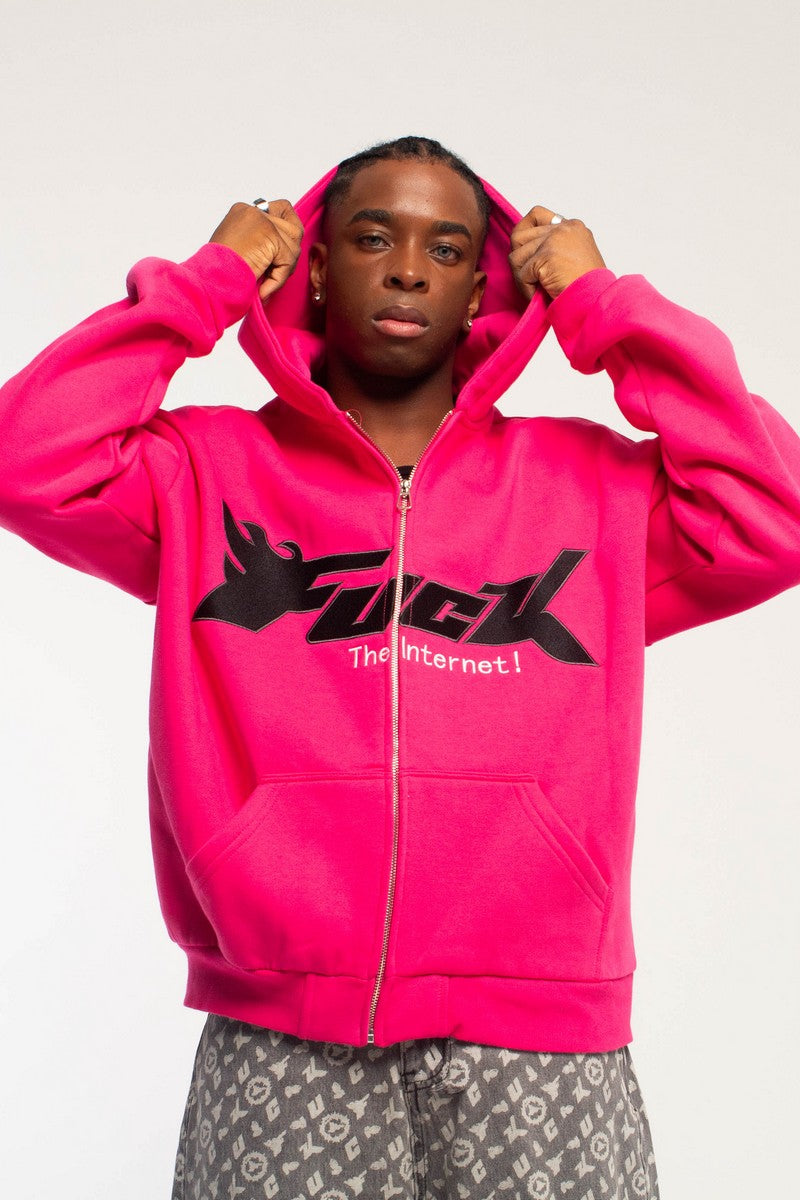 Embroidered Logo Zip-Up Hoodie Pink