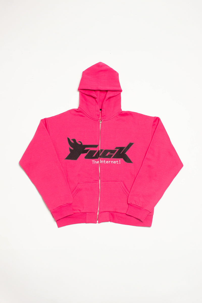 Embroidered Logo Zip-Up Hoodie Pink