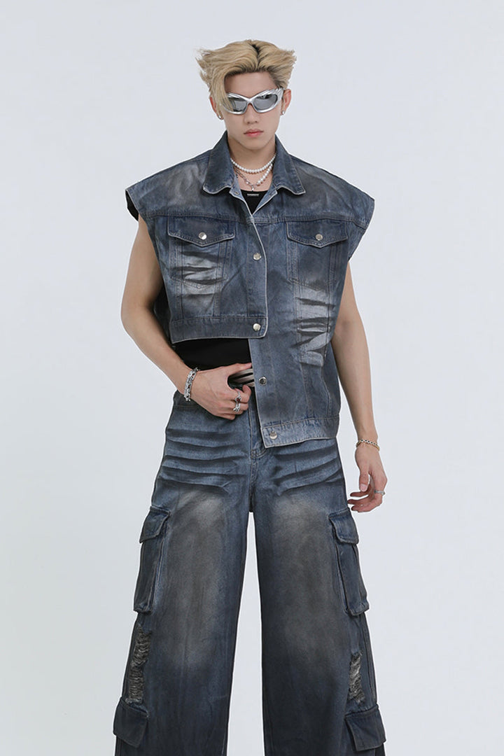 Asymmetric Washed Denim Vest