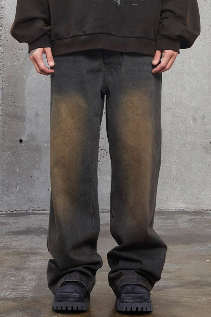 Mud Washed Straight Loose Jeans