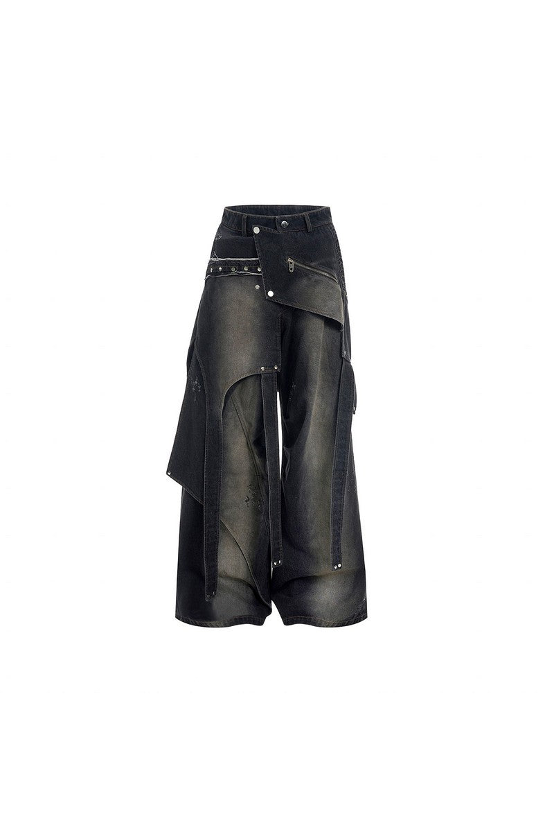 Deconstructed Studded Wide Jeans