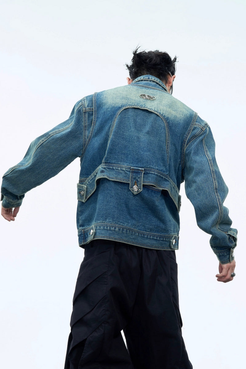 Washed Deconstructed Strap Denim Jacket