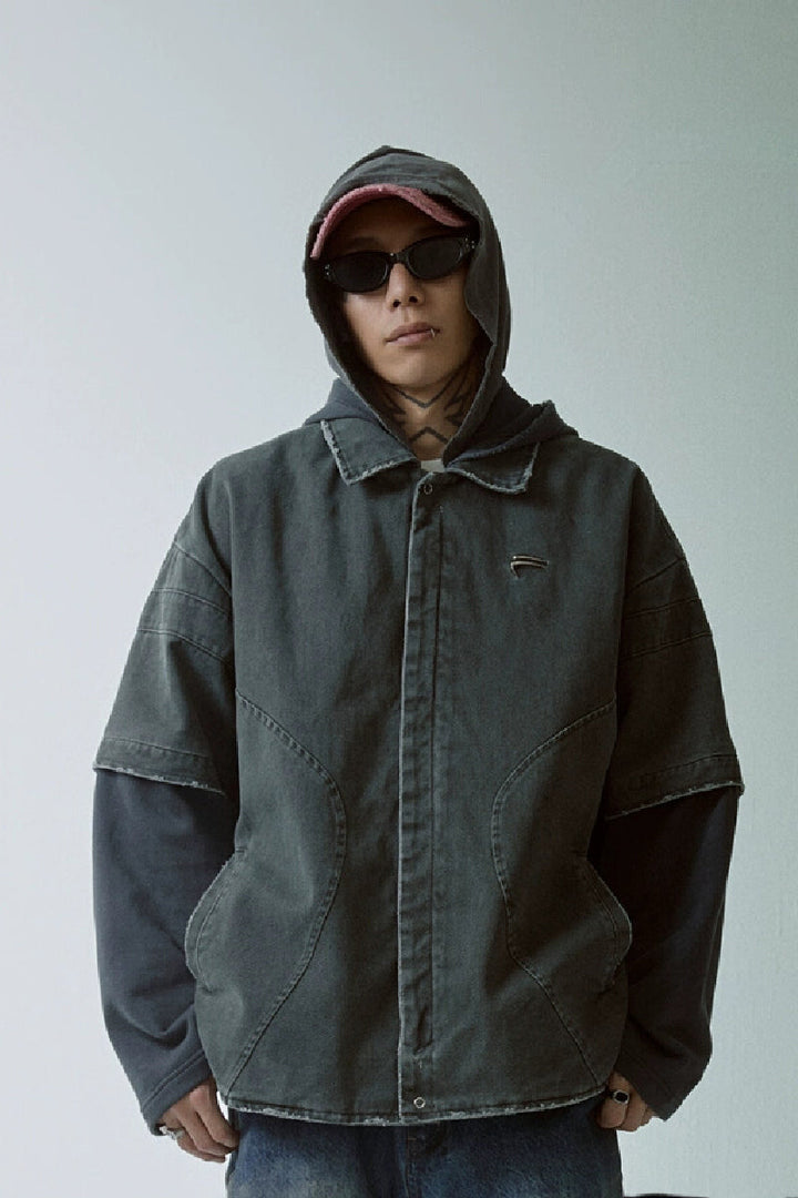 Layered Hooded Washed Shirt Jacket