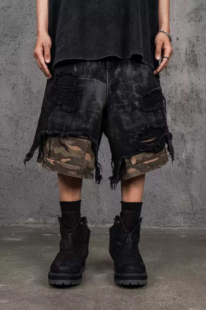 Destroyed Camo Patchwork Cargo Shorts