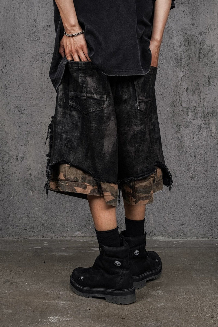 Destroyed Camo Patchwork Cargo Shorts