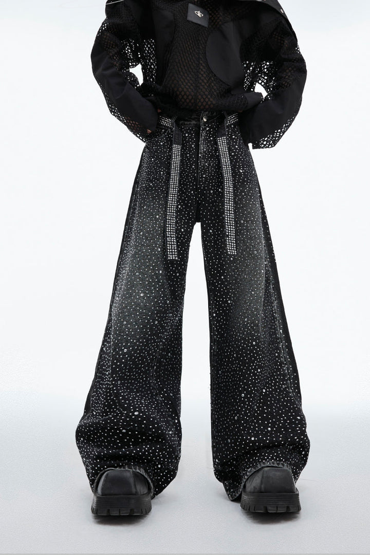 Starry Rhinestone Washed Wide-Leg Jeans