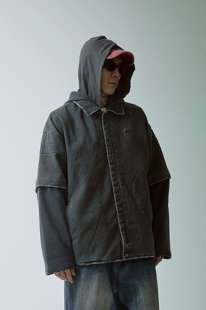 Layered Hooded Washed Shirt Jacket