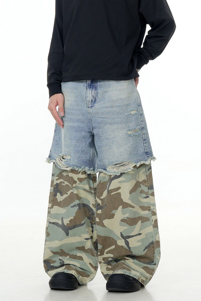 Blue Camo Patchwork Wide-Leg Pants