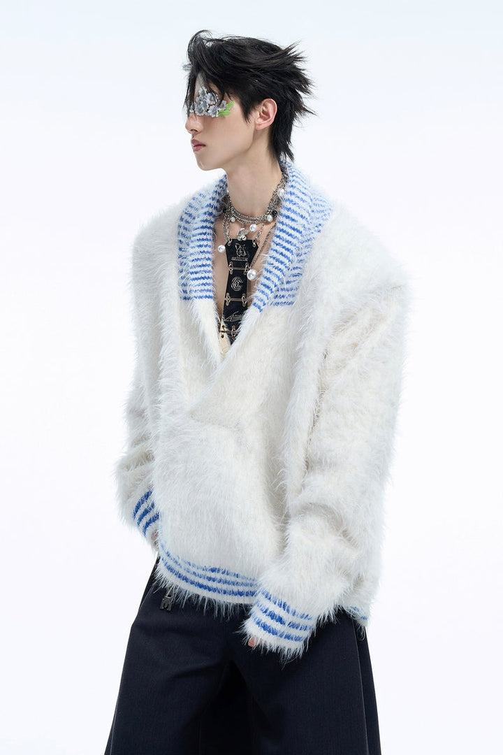 V-Neck Colorblock Fuzzy Knit Sweater