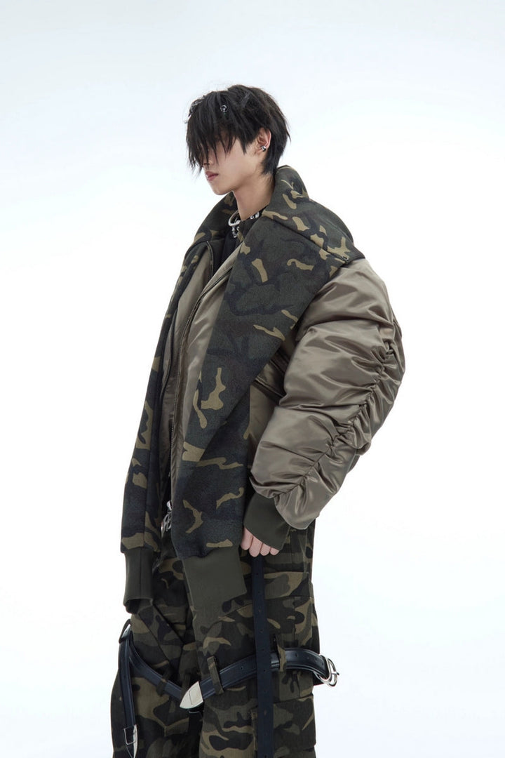 Unique Camo Patchwork Hooded Bomber Jacket