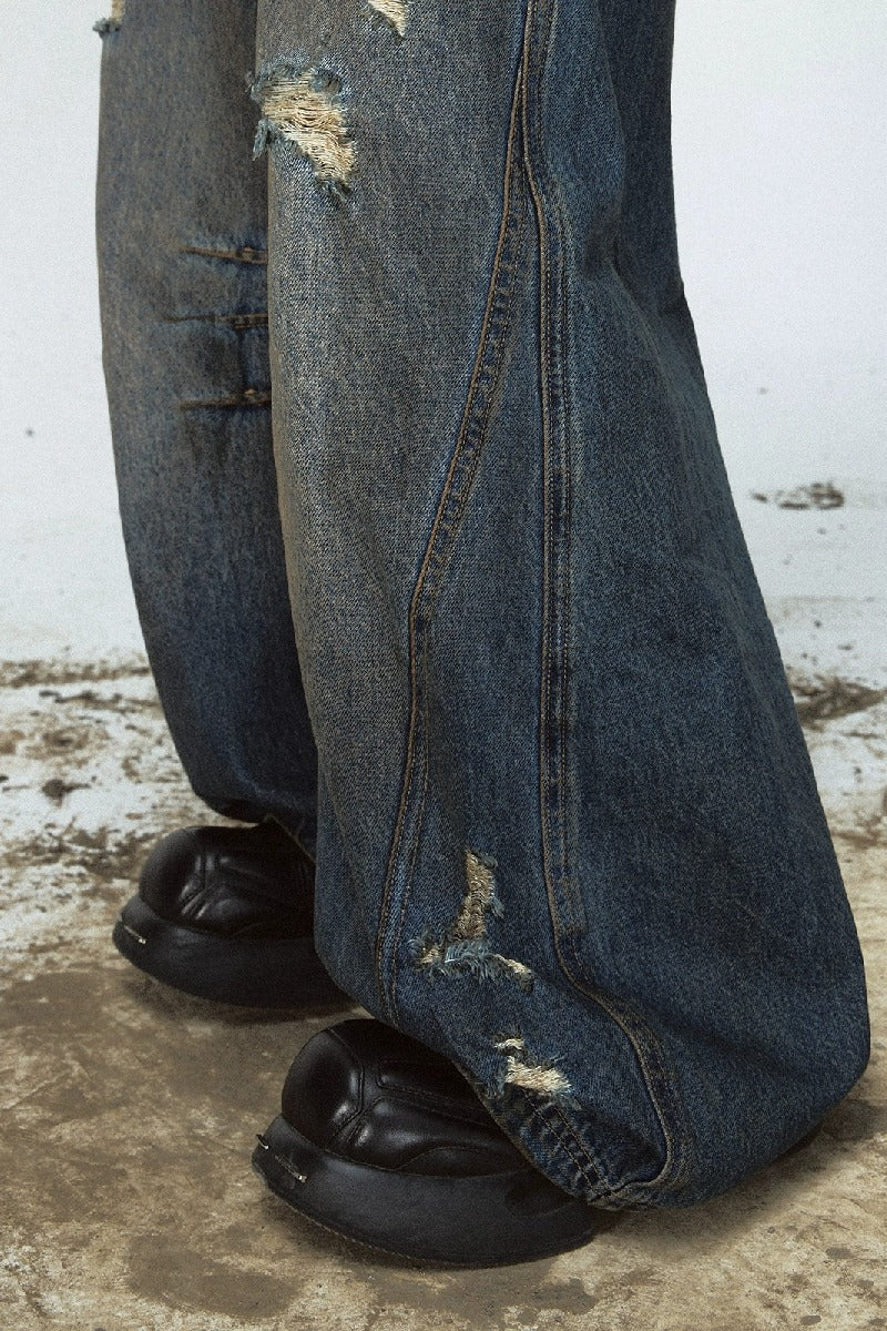 Distressed Stained Wide-Leg Jeans