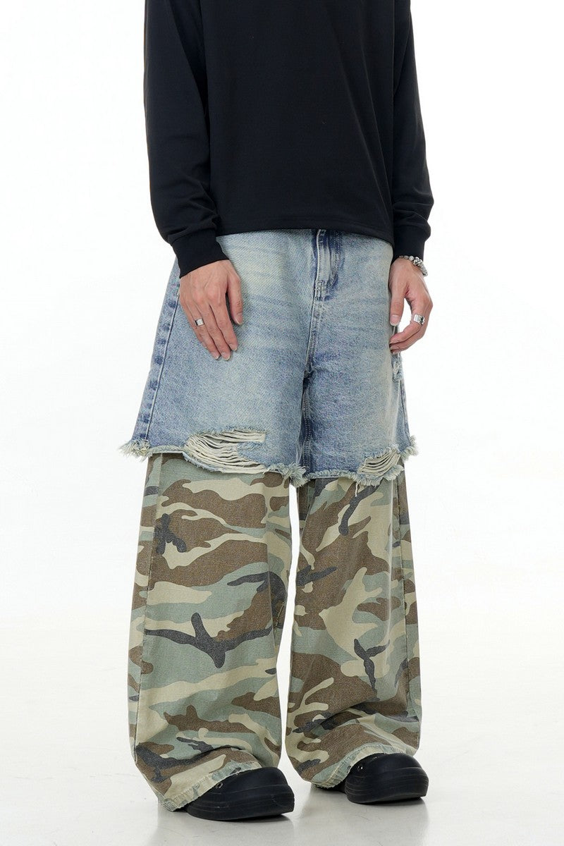 Blue Camo Patchwork Wide-Leg Pants