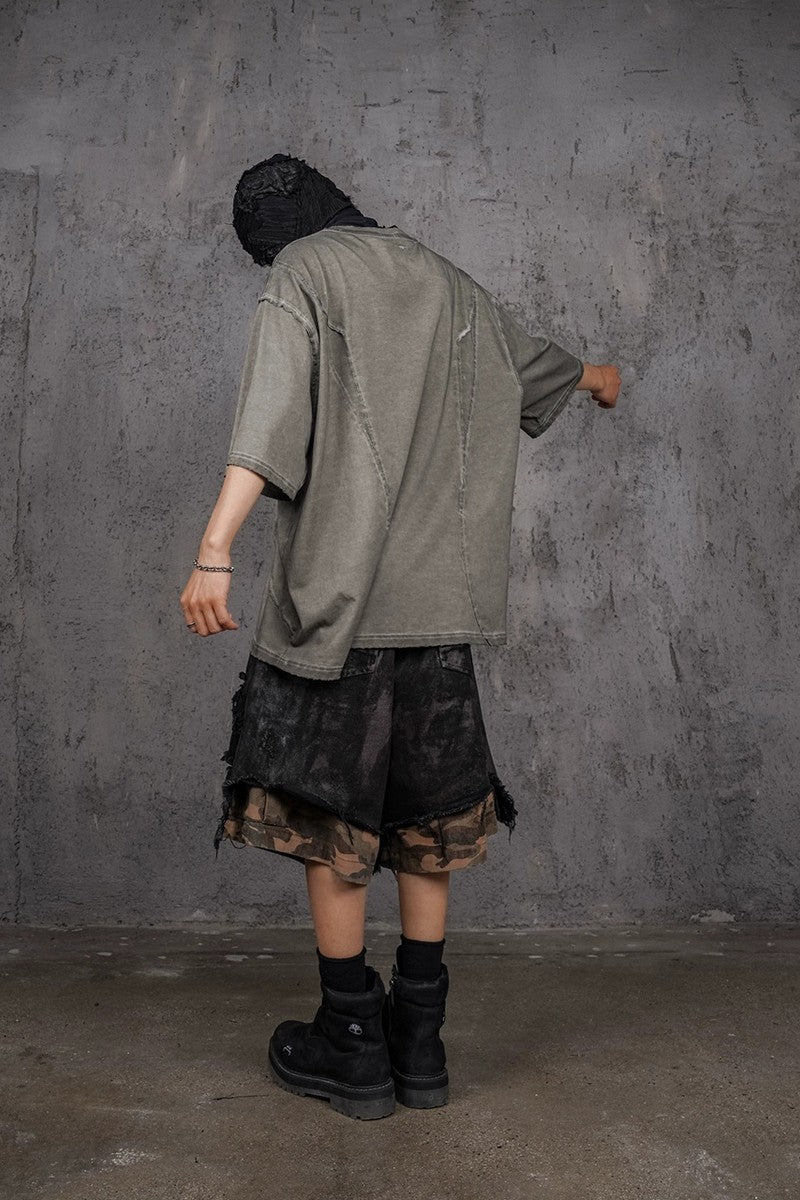 Destroyed Camo Patchwork Cargo Shorts