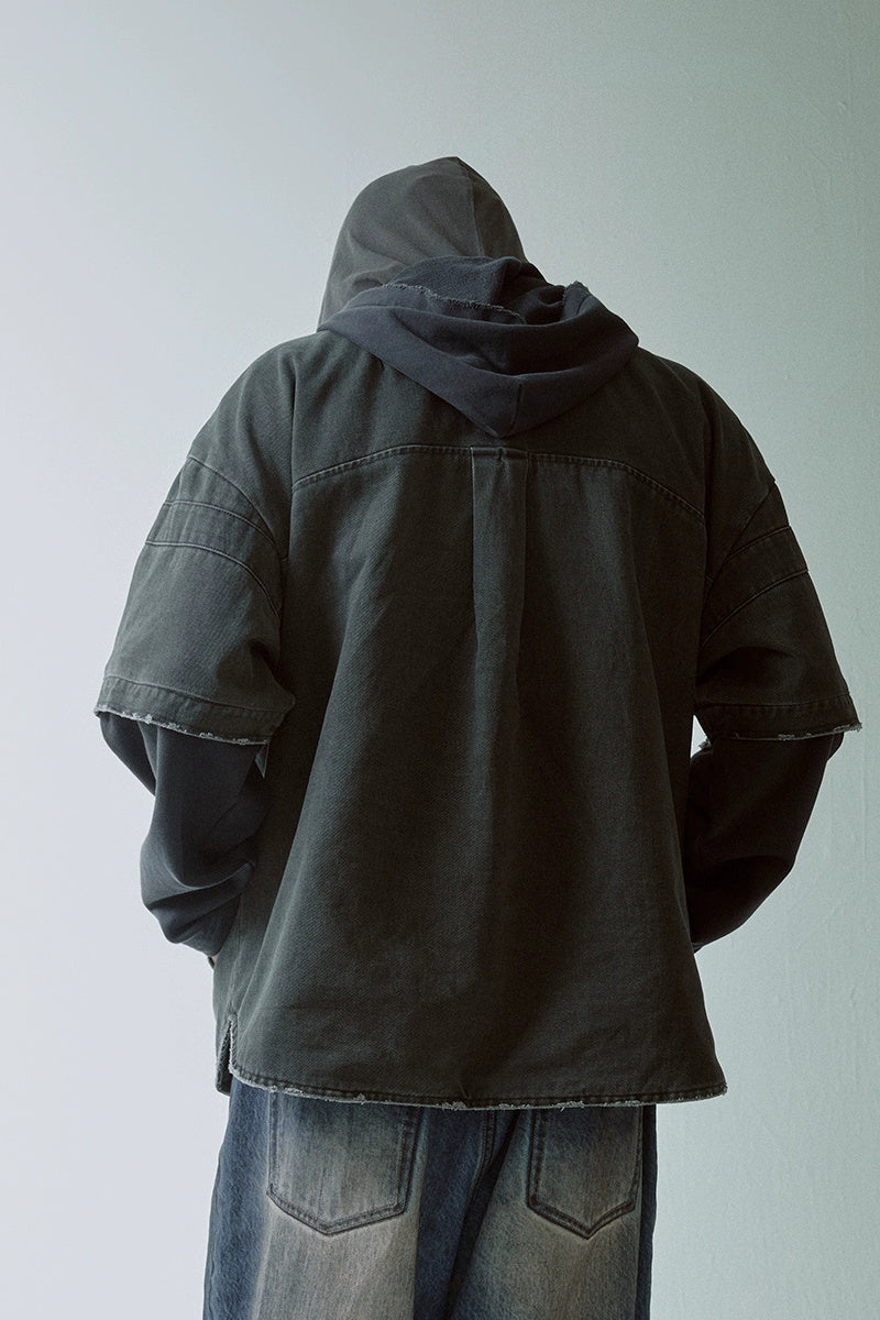 Layered Hooded Washed Shirt Jacket