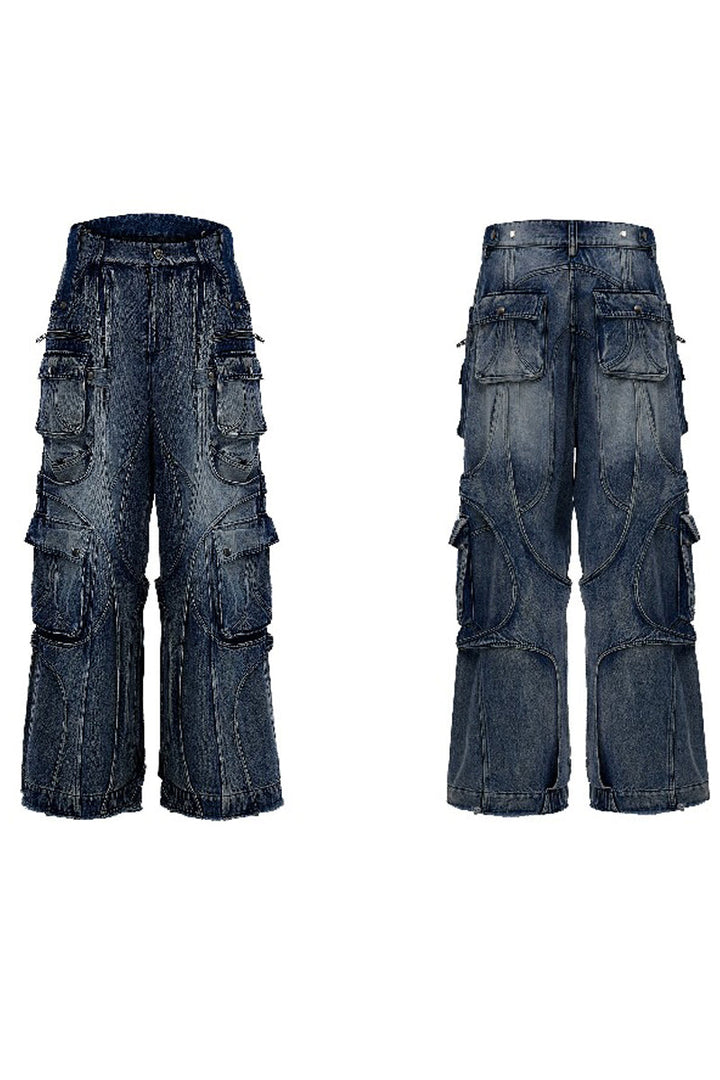 Washed Wide-Leg Cargo Jeans