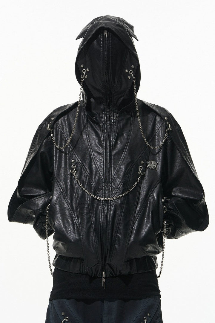 Metal Chain Hooded Leather Jacket