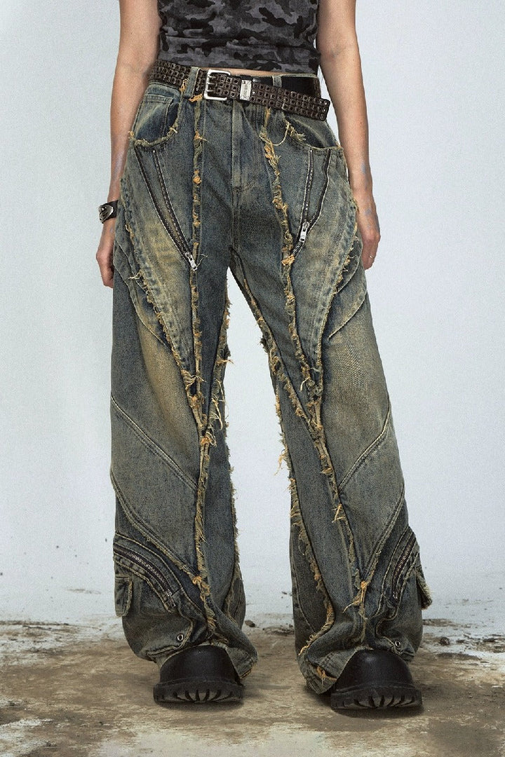 Distressed Patchwork Wide-Leg Jeans