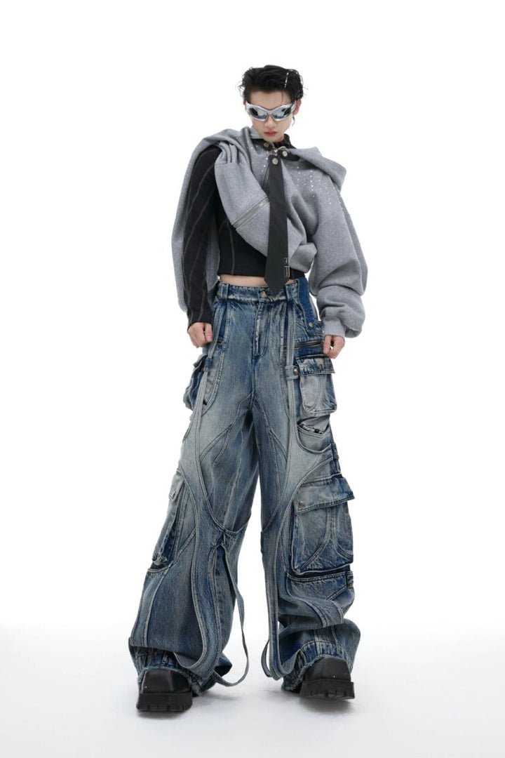 Washed Wide-Leg Cargo Jeans