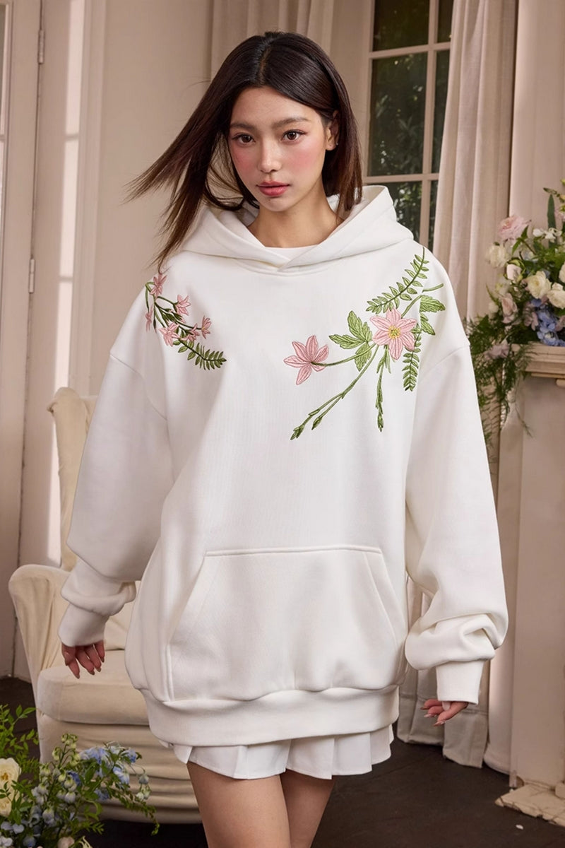 Floral Embroidery Fleece Hoodie