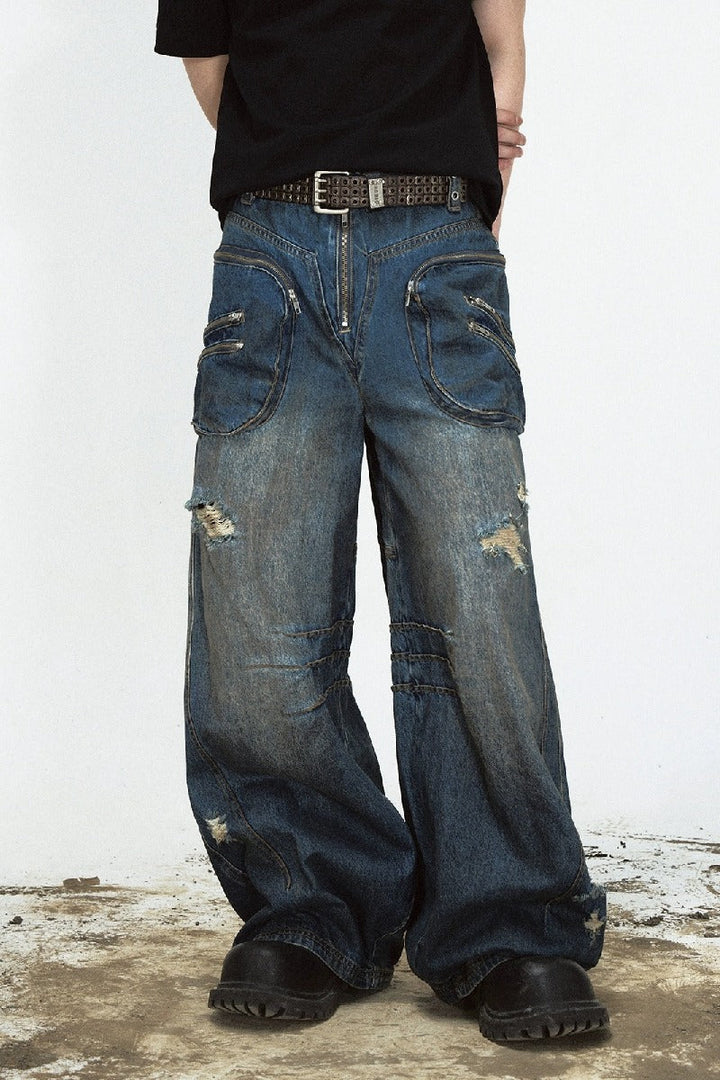 Distressed Stained Wide-Leg Jeans