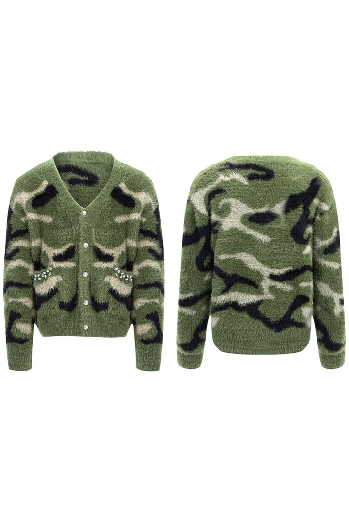 Rhinestone Camo Faux Fur Cardigan