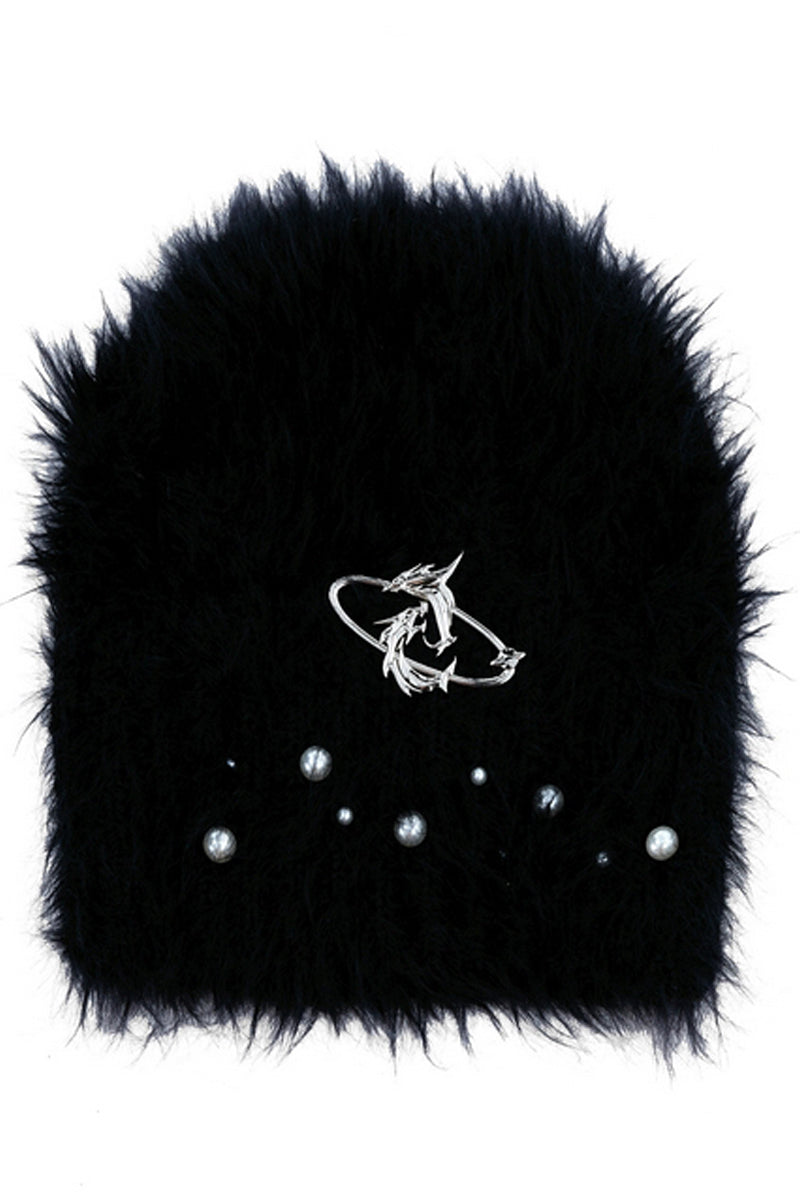 Pearl-Embellished Fuzzy Knit Beanie