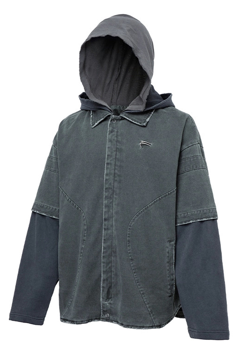 Layered Hooded Washed Shirt Jacket