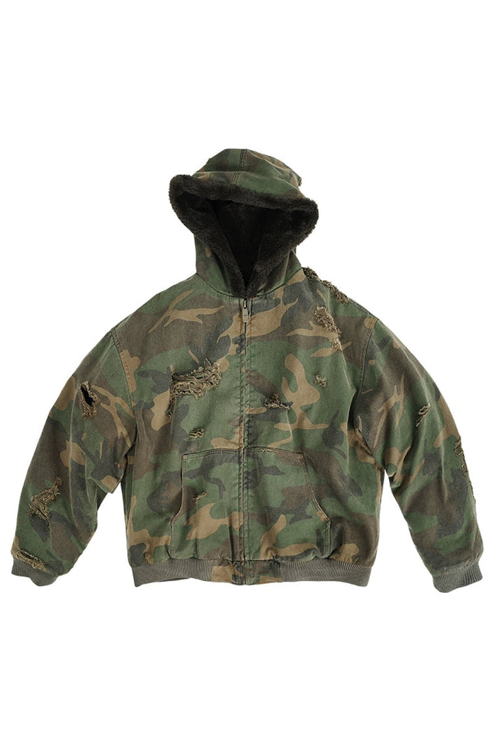 Heavyweight Distressed Camo Fur-Lined Tactical Jacket