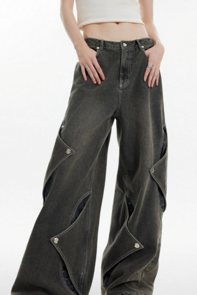 Metal Button Patchwork Straight-Leg Jeans