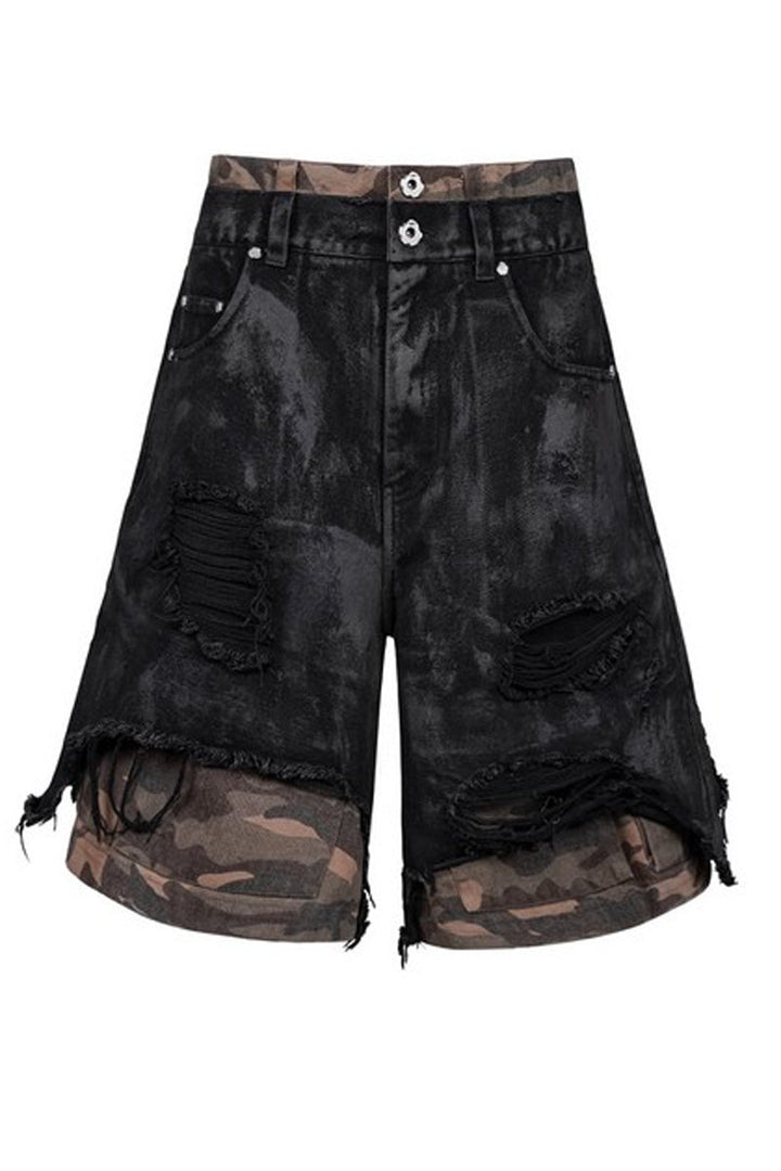 Destroyed Camo Patchwork Cargo Shorts