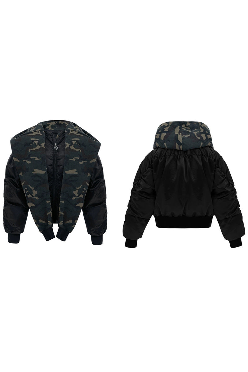 Unique Camo Patchwork Hooded Bomber Jacket