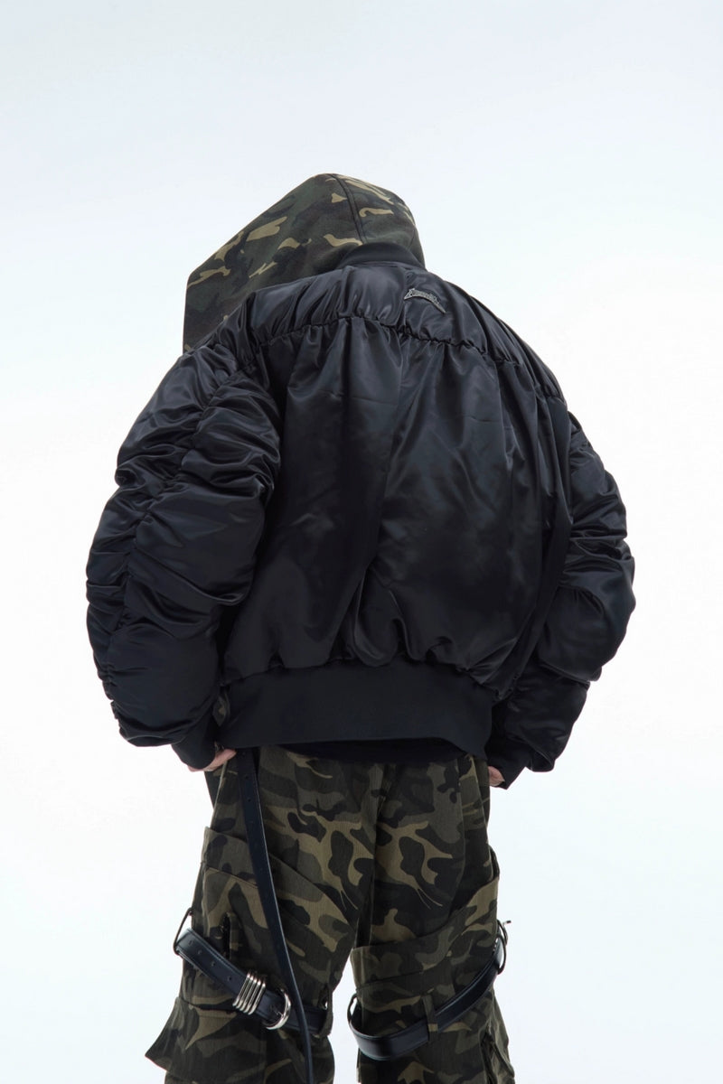 Unique Camo Patchwork Hooded Bomber Jacket