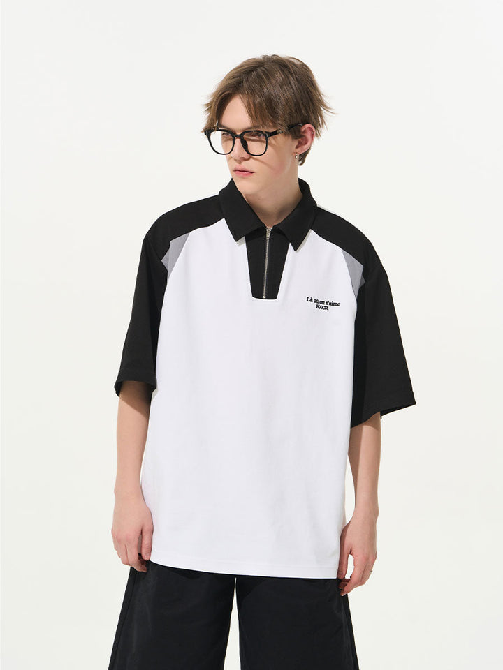 Patchwork Zipper Polo Shirt