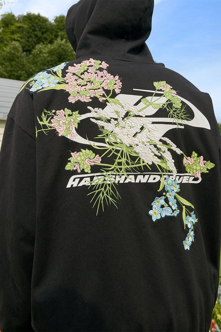 Floral Embroidery Logo Zip Up Hoodie