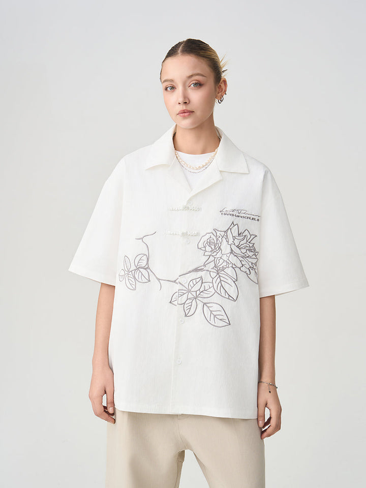 Rose Patches Embroidered Cuban Shirt