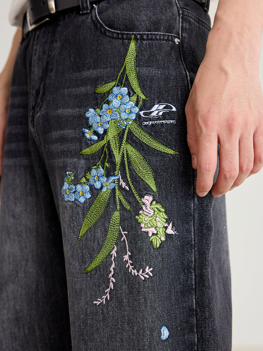 Floral Embroidery Washed Jeans