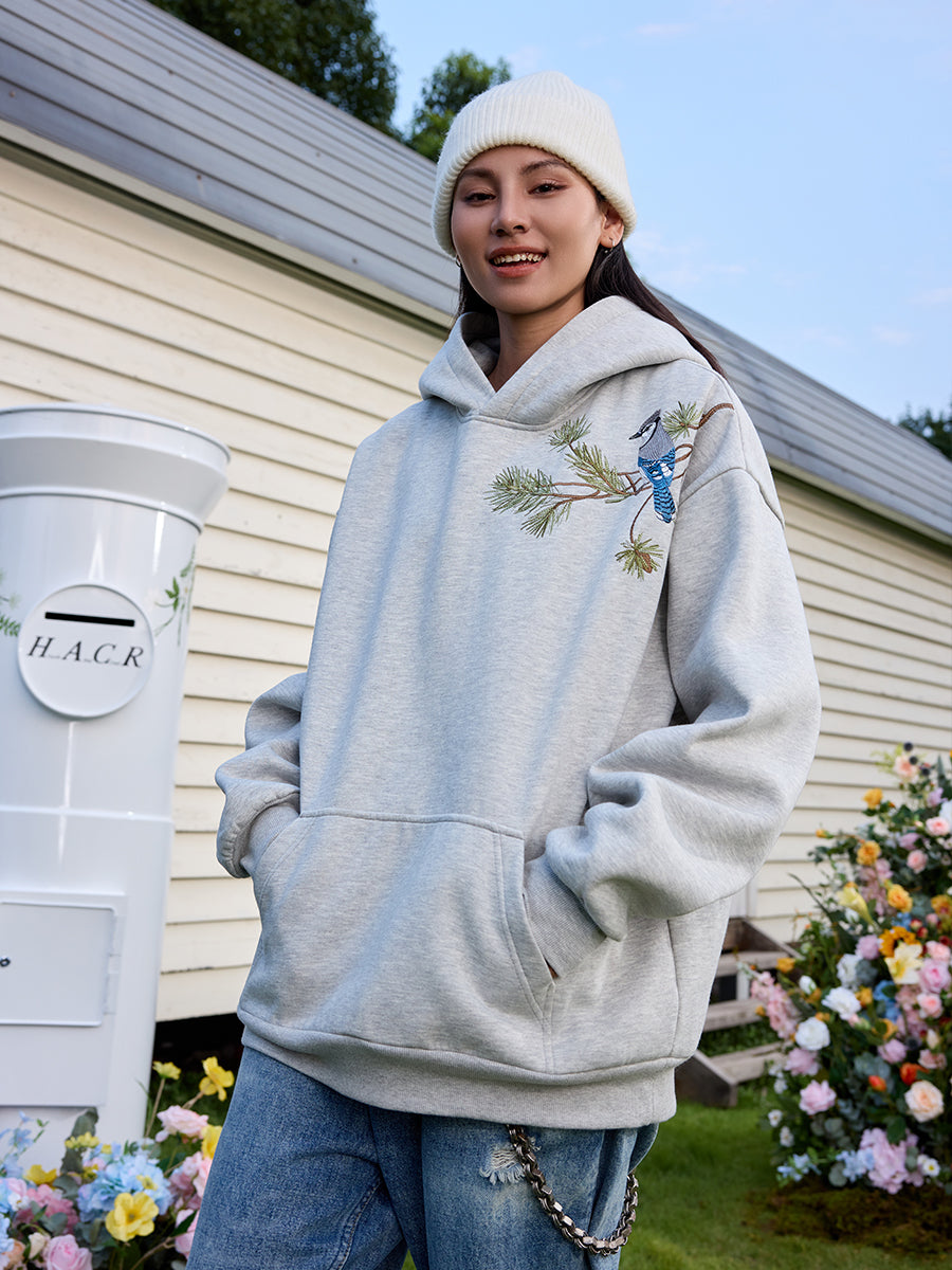 Embroidered Pine Bird Hoodie