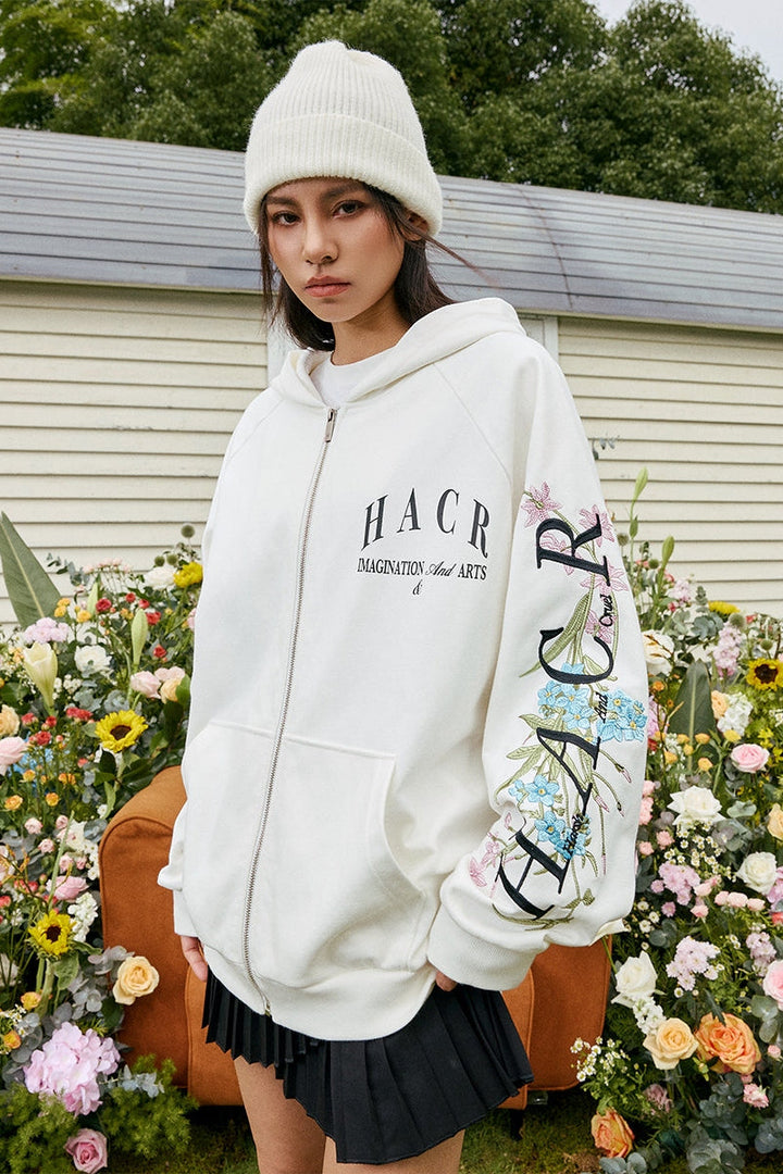 Floral Logo Sleeve Embroidered Zip Up Hoodie