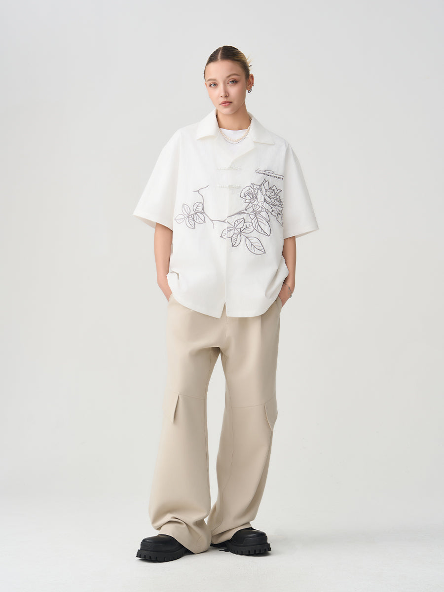 Rose Patches Embroidered Cuban Shirt