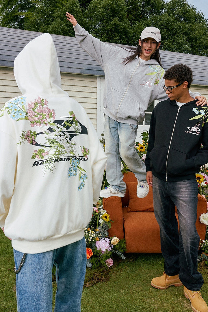 Floral Embroidery Logo Zip Up Hoodie