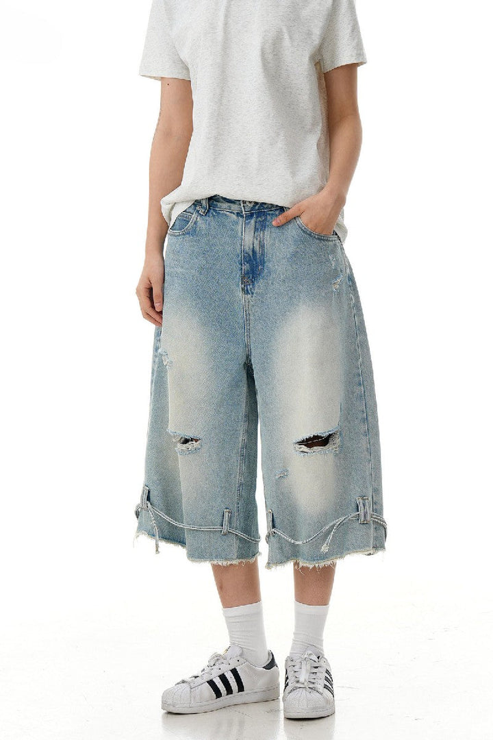 Ripped Drawstring Denim Shorts