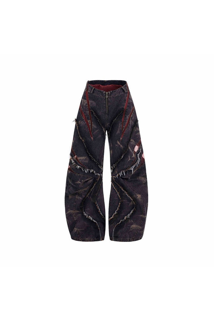 Heavy Washed Patchwork Mesh Wide Jeans